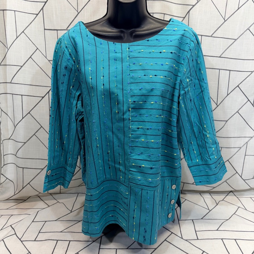 Alfred Dunner Teal Blue Striped 3/4 Sleeve Button Accent Blouse Top Small‎